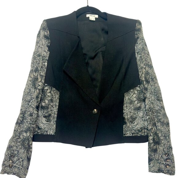 Helmut Lang Black Wool Silk Lightweight Blazer Sheer Floral Sleeves Size 4 - Picture 3 of 13